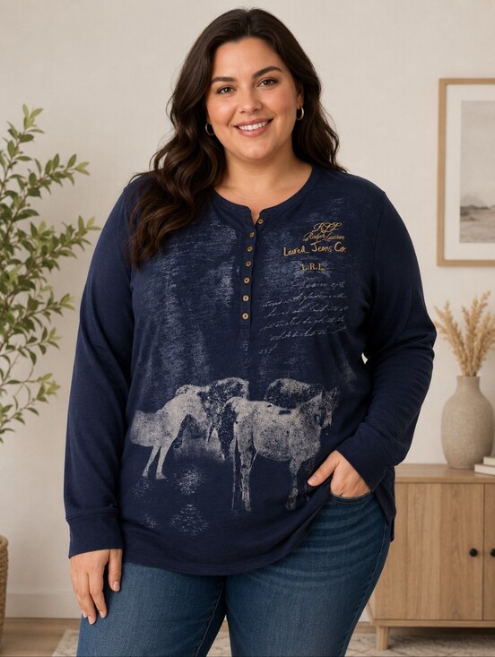 Ralph Lauren Tops - VTG Lauren Jeans Co Ralph Lauren Horse Graphic Henley Top 2X Equestrian Navy
